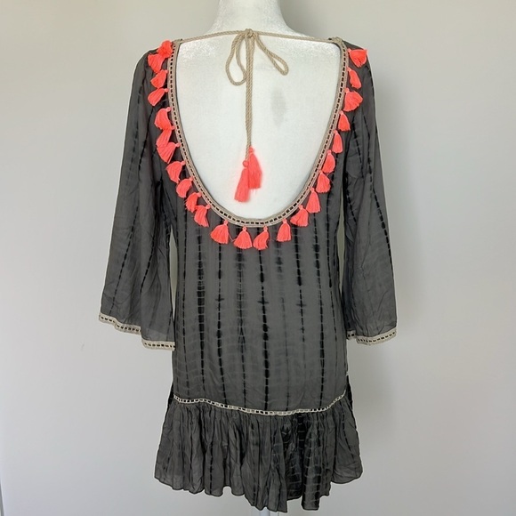 ZLEurope Shibari Tunic Dress Gray Black Tie Dye Coral Tassel Boho Cover Up Small - Picture 1 of 15